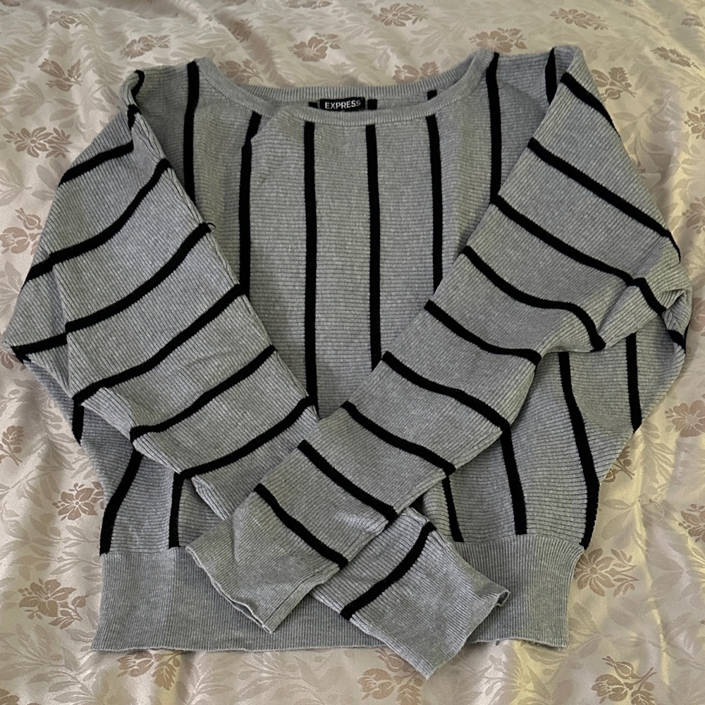 Express Black and Gray Striped Crew Neck Sweater